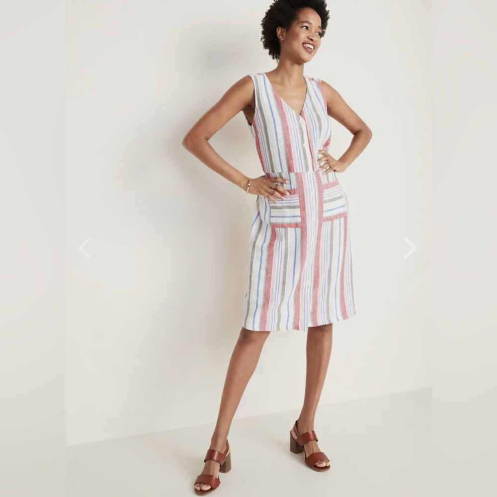 Old Navy Linen Blend Striped Button Front Dress Cottagecore Women's Medium